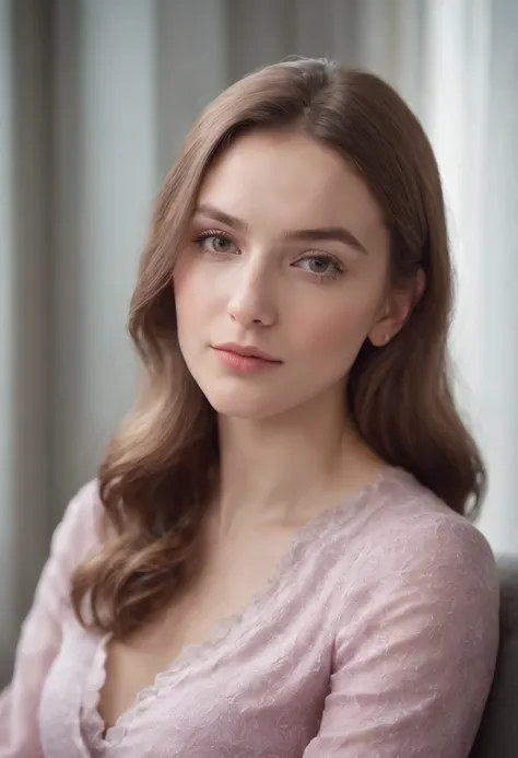 young woman siting on armchair in the style of light magenta and light gray, calm and meditative, barbizon school, exaggerated facial features, light brown and white, happycore, (upper body)