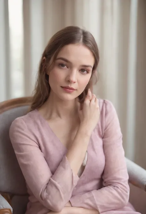 young woman siting on armchair in the style of light magenta and light gray, calm and meditative, barbizon school, exaggerated facial features, light brown and white, happycore, (upper body)