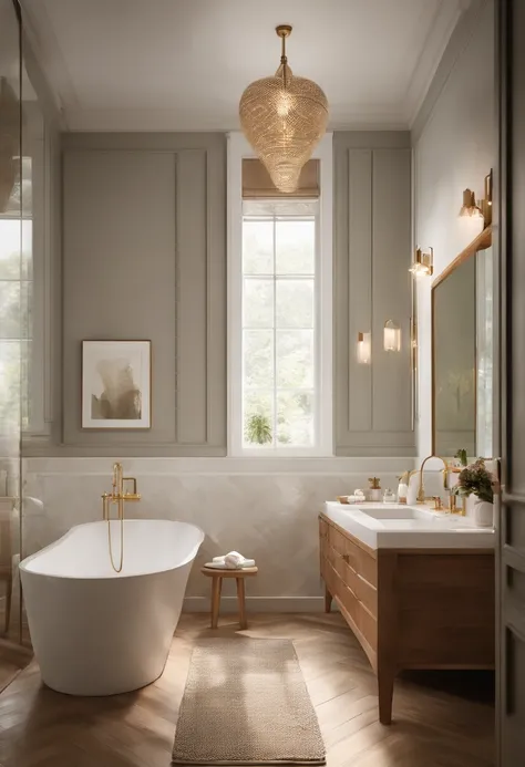 In the big bathroom, A woman and a child in the bathtub, Wipe your childs hair with a towel. The image should be realistic and realistic, Depict the bottom angle view and capture the early morning glow. The color palette should have warm tones，The scene sh...