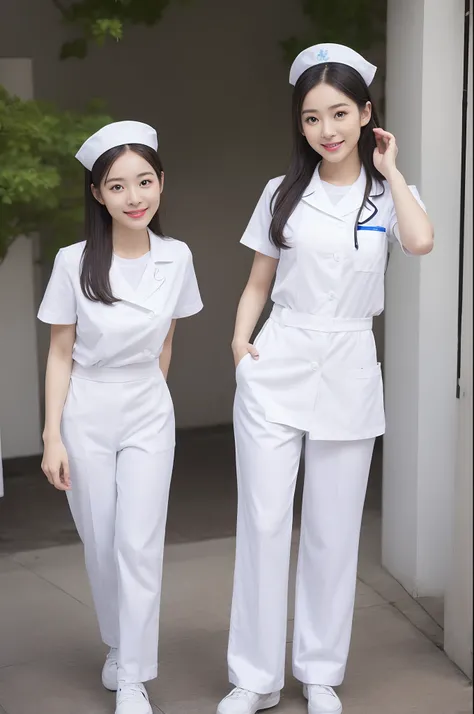 There was a woman in a white uniform, Nurse, full-body xianxia, nurse girl,  healthcare worker, Fitted nurse uniform，White nurse hat，Split nurse overalls，Skinny white trousers，Nice nurse shoes，Beautiful face，The skin of the face is fair and shiny，beautidfu...