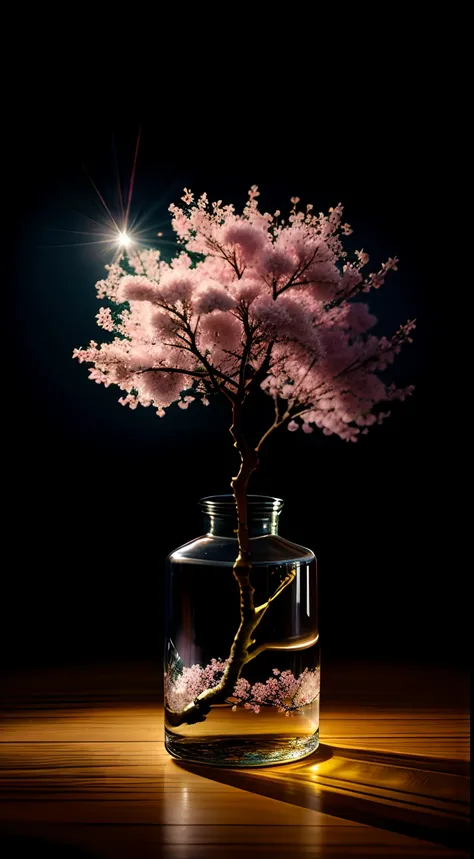 Cherry blossom tree in a bottle, Fluffy, Realistic, Atmospheric light refraction, author：Lee Jeffries Nikon D850 Film Stock Photo 4 Kodaport 400 Camera F1.6 photos Rich colors Ultra-realistic textures Dramatic lighting Unreal Engine trends Art Station Movi...