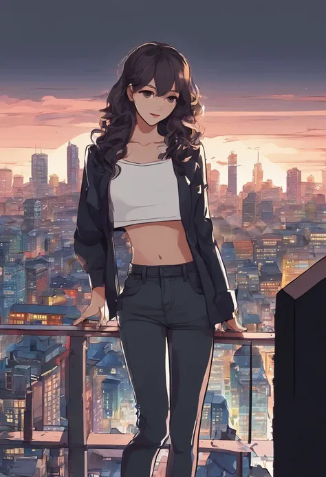 ((Midnight, Best quality, 8k, Masterpiece :1.3)), Whole body, Long legs, Sharp focus :1.2, A pretty woman with perfect figure :1.4, Slender abs :1.1, ((Dark brown hair, Big breasts :1.2)), (White tight tshirt, Jean bib, Standing:1.2), ((Night city view, Ro...