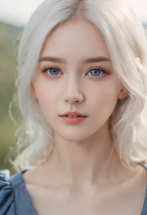 gorgeous girl, cherubic, youthful, adorable, natural beauty, korean, blue sapphire eyes, doe-eyed, white hair, smooth skin, clothing, tomboy