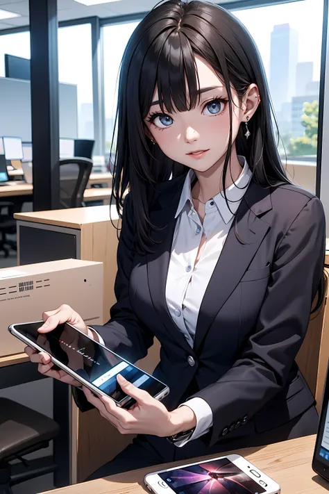 the office district of the near future、office worker using a smartphone mounted on his arm。beauty ol,holograms displayed from a ...