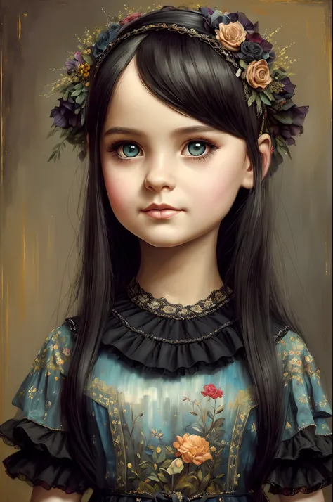 little sweet Abigail, ssmile, Strong Gothic Makeup, Headband on black hair, Big bangs to the eyes, in a classic doll dress with a corrugated hem and tulle frills, A cats head sticks out of the pocket of his dress, Gloomy foggy atmosphere, surrealism, The a...