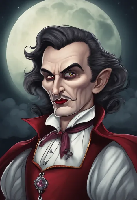 A bad-looking Dracula wearing a childs pacifier. cartoon 4k