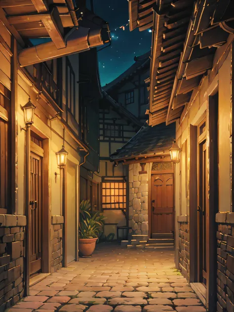 In the 80s of the 19th century, Rural China，Adobe brick house，One-story low house，There is a painting of a house with a patio and a table, Detailed scenery —width 672, immensely detailed scene, Multidimensional cozy little yard, highly detailed scenario, h...