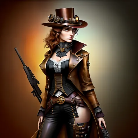 There is a woman in a steampunk hat and with a gun in her hands., steampunk girl, in steampunk costumes, Steampunk Girl Inventor, (steampunc), ( steampunc ), steampunk style, steam punk, Steampunk fiction, steampunk aesthetic, The beautiful goddess of stea...