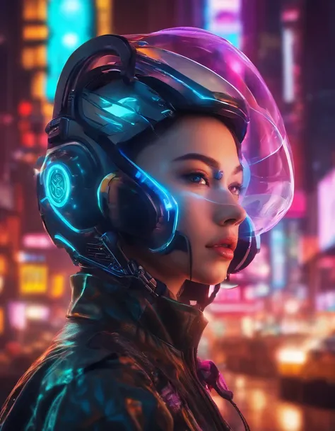 a beautiful  woman，Wearing a translucent holographic helmet，There are projections of text and pictures on it，Close-up of the head，The background is the world of the future，k hd，the detail