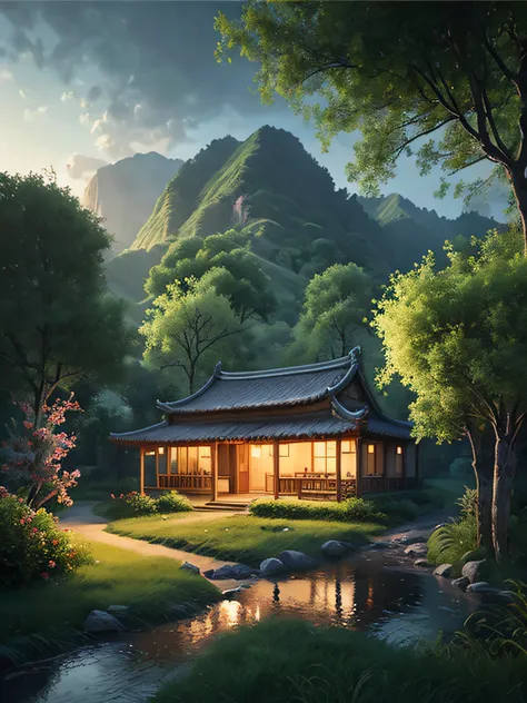 In the 80s of the 19th century, Rural China，Adobe brick house，Single-storey low-rise house，There is a painting of a house with a patio and a table, Detailed scenery —width 672, immensely detailed scene, Multidimensional cozy little yard, highly detailed sc...