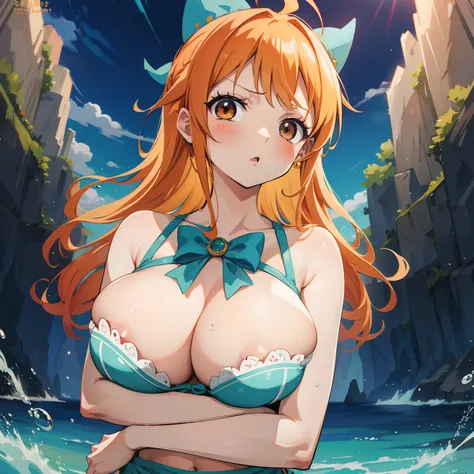 masterpiece, nami one piece, best quality, ultra-detailed, epic lighting, cinematic composition, anime coloring, 2d, anime, 1girl, solo, big breasts, hair orange, hair rings, brown eyes,wearing bra, green bow, bare shoulders, blue skirt, looking at viewer,...