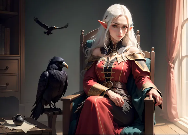 A high elf with white hair sits in a Kadilau chair in the background，She was holding a Soniste crow ，gloomy castle，solid color backdrop，clean backdrop，depth of fields，high light，Real light，Ray traching，OC renderer，UE5 renderer，Hyper-realistic，best qualtiy，...