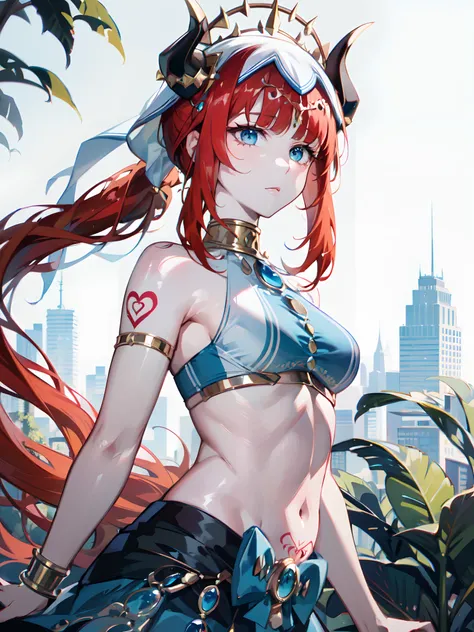 (masterpiece:1.2), (pale skin:1.2), (8k:1.2), (solo:1.2), (female:1.1), (dynamic angle), blue eyes, red hair, bangs, veil, headwear, horns, crop top, skirt, (ponytail:1.1), (outdoors:1.1), hip bones, (tattoos:1.1)