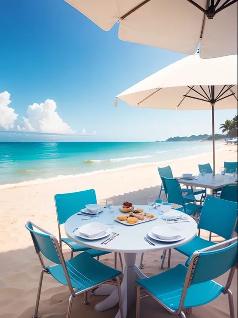 Breakfast on the beach, white table, white chairs, silhouettes of men and women, blue sea and blue sky