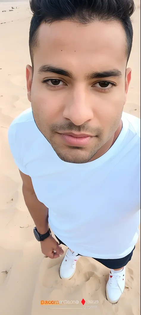 arafed man with a white shirt and white shoes standing on a beach, handsome face, good looking face, with brown skin, detailed unblurred face, front profile!!!!, taken in the early 2020s, very very low quality picture, profile pic, edited in photoshop, 8k ...