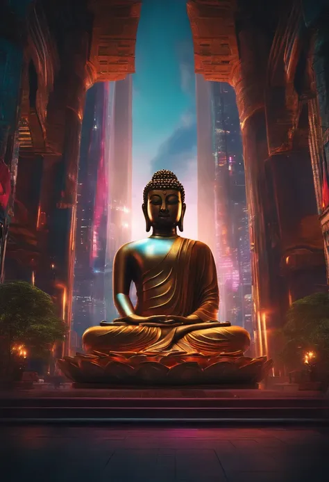 Buddha, Meditation in the heart of the metropolis, Cyberpunk city, Cyberpunk meditation