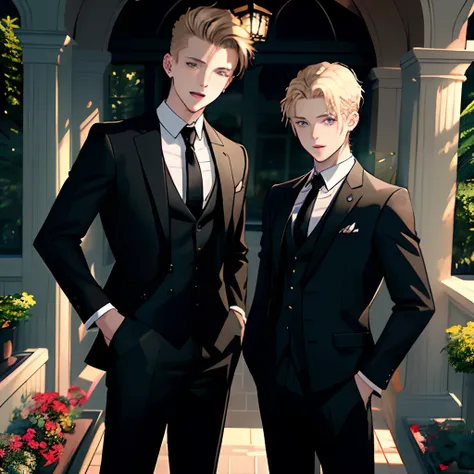 2 young men, posing, model, 16-20years old, handsome, 4k, high quality, low angle, blonde hair, black hair, medium length, standing, black suits, hands in pockets, masterpiece, best quality, super detailed, detailed in eyes, light smile, open mouth, plants