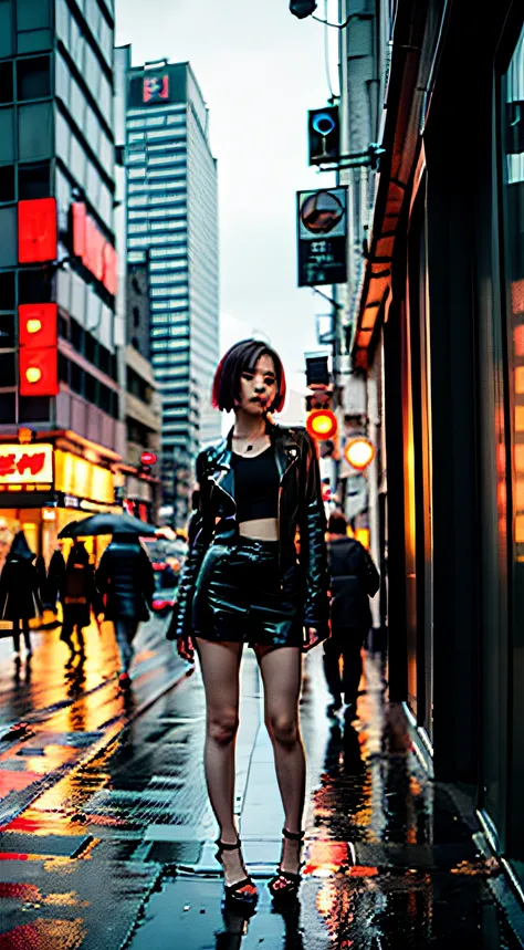 Girls posing in a cyberpunk city on a rainy day