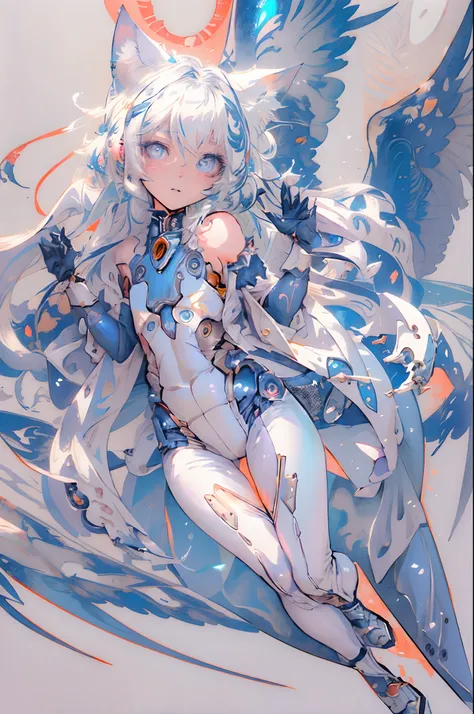 girl, fish, white hair, blue eyes, mechanical body, human, cyborg, pipes, metal parts attached to body, masterpiece, 8K screenshot, artbook, weapons, looking back, bending knees, hands up, cat ear, wing, metal fish, pattern, anime character with wings and ...