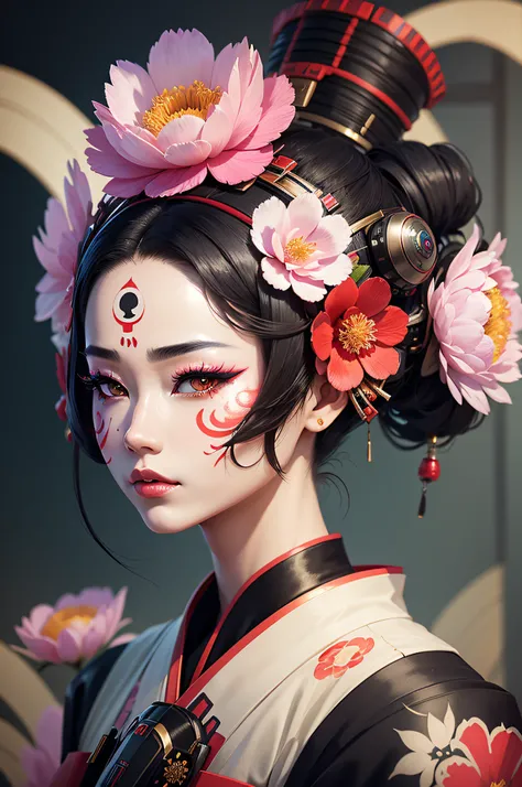 the geisha with the flowers on her face, in the style of futuristic robots, cinematic montages, appropriation artist, schlieren photography, traditional animation, intricate body-painting, dynamic anime