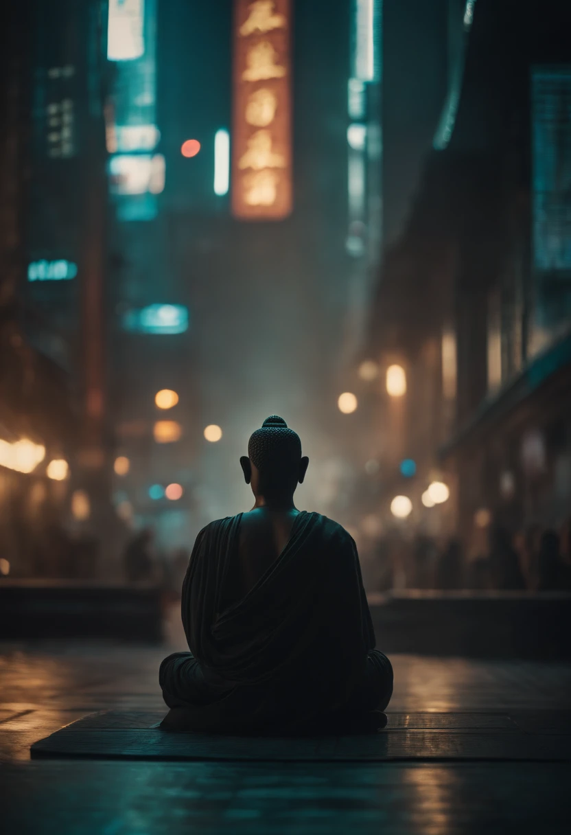 Buddha, Meditate in the heart of the metropolis, Cyberpunk city, Cyberpunk meditation