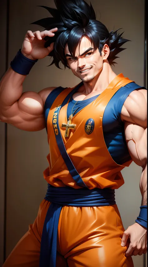 Goku muito poderoso, sorrindo, carismatic, forte, 30 anos de idade, forte, musculoso, na academia, levantando peso, 1 tonelada, sulpino reto