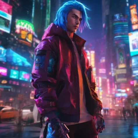 Handsome Japan boy, Blue hair, Sharp eyes, Clear facial features, wearing hoodies, battle posture, sniper, Holding a gun, Holographic Reality, Holographic Halo, Motion Blur, Game Light Effects,  head phone, edge light, Soft light, movie edge light, Delicat...