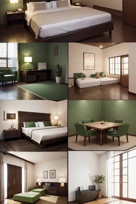 Create a power point slide presentation for the hotel owner about choosing a solution for his hotel: material table moodboard, color board, material board concept, interior, zen style, hotel room full,  Muted tones of green, brown, and white to invoke a se...