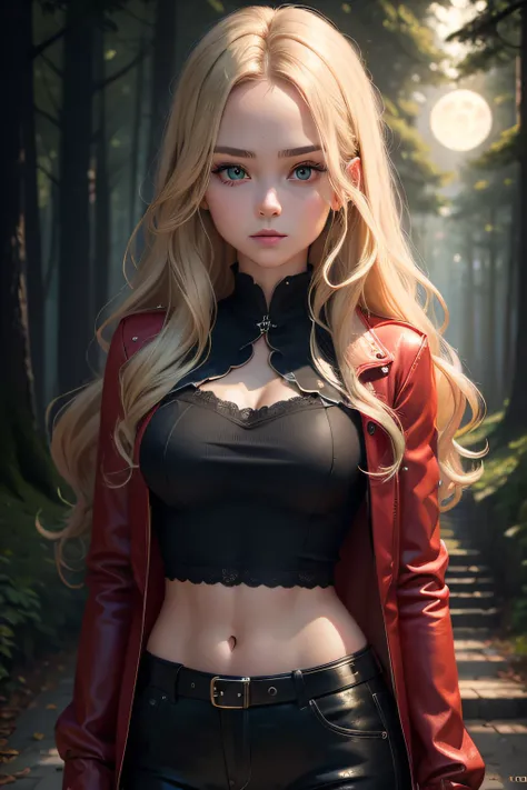 ((Best quality, 8k, Masterpiece: 1.3)), 1 17 year old female teen, with slim abs: 1.3, (Long wavy blonde hair), Rebecca: 1.1, Ultra detailed face, detailed eyes, black blouse, one red jacket, seen with half body, forested background at night, green eyes, a...