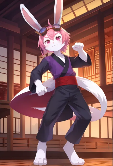 Furry shota, young, rabbit, long rabbit ears, pink hair, long spiky ponytail, spiky hair, detailed body fur, Pink eyes, purple kimono, black hakama pants, goggles, masterpiece, looking at you, white body fur, detailed face, big eyebrows, detailed eyes, det...