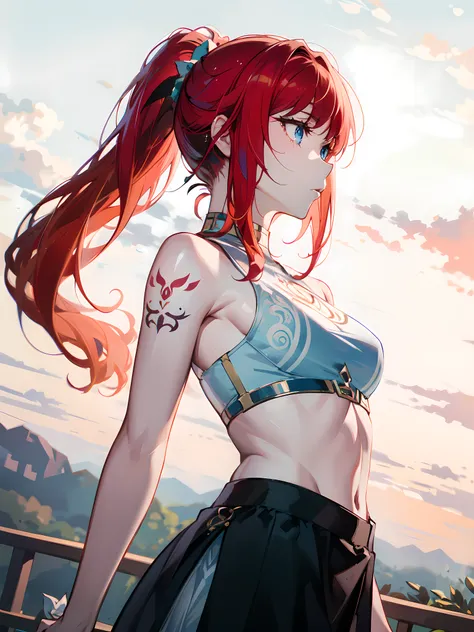 (masterpiece:1.2), (pale skin:1.2), (solo:1.2), (female:1.1), (dynamic angle), blue eyes, red hair, bangs, crop top, skirt, (ponytail:1.1), (outdoors:1.1), hip bones, (tattoos:1.1), bare shoulders