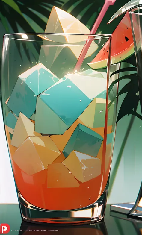 Wallpapers, poster, Drinks, Ice Cubes, Watermelon, Tropical Plants, Hot Weather, HD Detail, Moist Watermark, Ultra Detail, Movie, Hyper Realism, Soft Light, Deep Focus Bokeh, Ray Tracing, Diffuse (Ultrafine Glass Reflection) and surrealism --niji 5