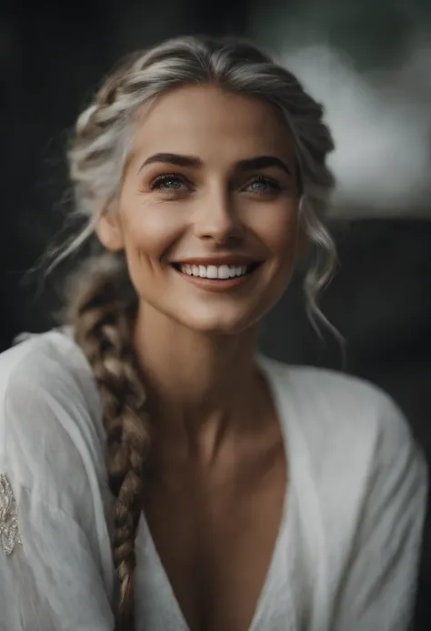 Top quality, High image quality, Masterpiece, Gray hair, Golden eyes, White clothes, Looking up, Upper body, Hairline, Fair skin, Side braids, Smiling, double teeth，Beautuful Women