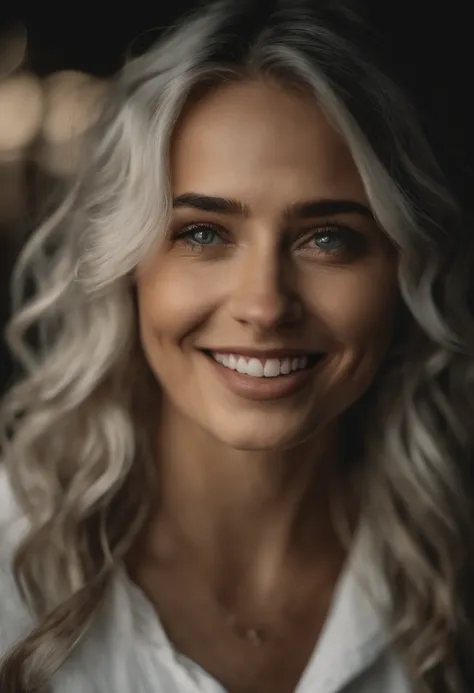 Top quality, High image quality, Masterpiece, Gray hair, Golden eyes, White clothes, Looking up, Upper body, Hairline, Fair skin, Side braids, Smiling, double teeth，Beautuful Women