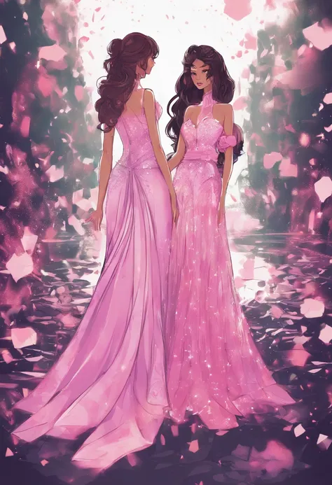 two girls in dresses are standing next to each other, high fashion themed, stunning art style, inspired by Bob Singer, glitter dress, hollywood style, award fashion, diamond shimmering dress, fashion designer, cartoon style, glamor pose, my dress up darlin...