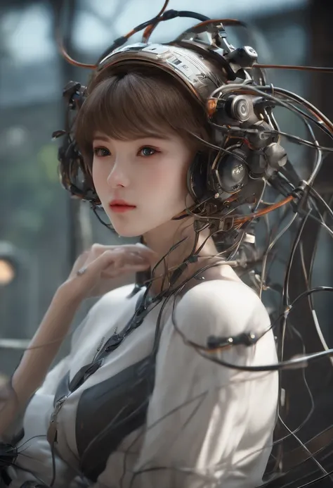 (((Masterpiece))), (((Best quality))), ((Ultra-detailed)), (Highly detailed CG illustration), ((An extremely delicate and beautiful)),(cute delicate face),Cinematic light,((1机械女孩)),Solo,full bodyesbian,((Sitting)),Expressionless,(wires and cables attached ...