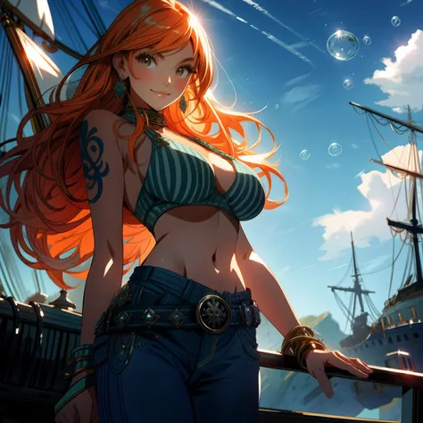 detailed background, masterpiece, best quality, 1girl, solo, nami (one piece), 1girl, bangle, bangs, , belt,Crop top, blue sky, bracelet, , brown eyes, bubble, cleavage, cloud, cowboy shot, , bikini, underboob, slender body, thin, big eyes, eye-level, soft...