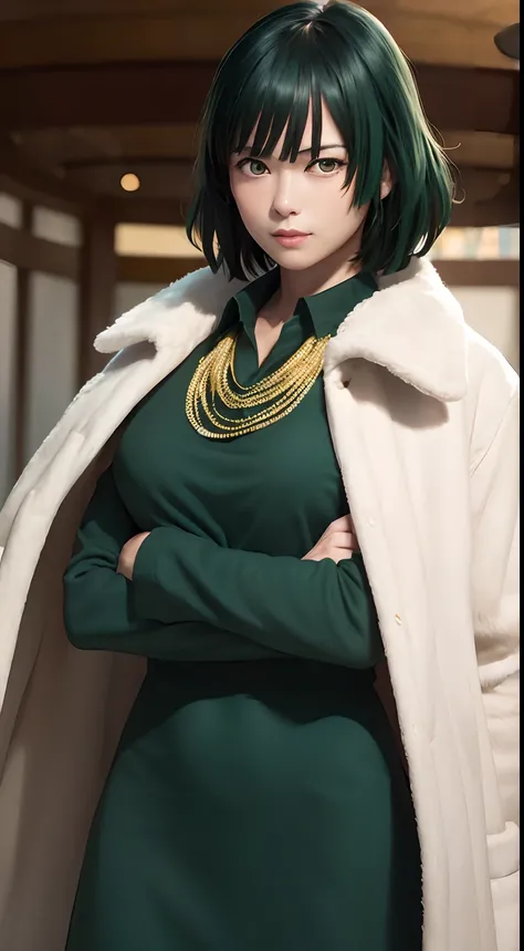 (masterpiece, best quality:1.2), cowboy shot, solo, 1girl, fubuki, expressionless, crossed arms, green hair, taut clothes, fur coat, jewelry, necklace