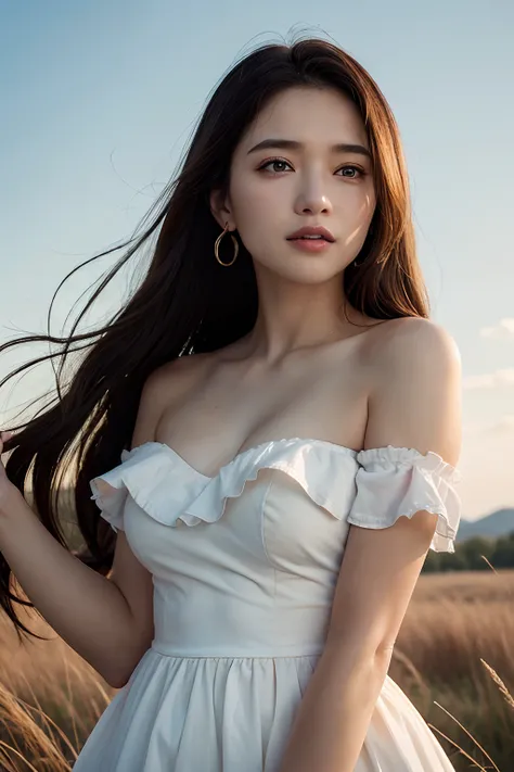 a closeup, ​masterpiece, top-quality, Raw foto, Photorealsitic、unbelievable Ridiculous, beautiful a girl, off shoulder one piece dress、Long hair、large brests、A slight smil、Hair fluttering in the wind、look up sky、The sun is dazzling, So I raise my hand and ...