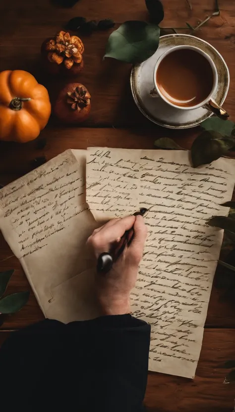 A handwritten letter，Placed on the table，Its a top-down perspective，There are scattered photos next to it