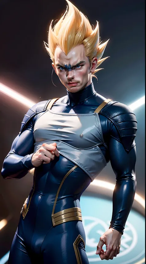 Ian Somerhalder como vegeta, extremamente realista, FaceApp, cara profunda, forte, roupa azul justa