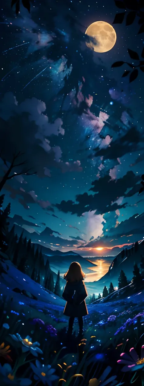 Expansive landscape photograph, (view from below with a view of the sky and the wilderness below), little girl standing in a flower field looking up, (full moon: 1.2), (shooting star: 0.9), (nebula: 1.3), distant mountain, tree break production art, (warm ...