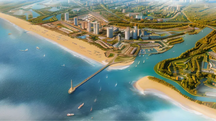 there is a large city on the shore of a large body of water, tropical coastal city, sun coast, port city, highly realistically detailed, a hyper realistic, by Ni Yuanlu, mixed development, hyperdetailed!, super detailed, true realistic image, detailed scen...