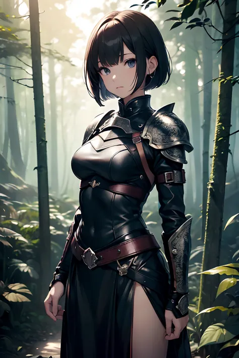 ((Extremely detailed)),, (8K), Best Quality, (Beautiful),((masutepiece)), ((Best Quality)), beautiful a girl,Short Bob、Leather armor、Clothes above and below in thick cotton fabric、In the deep forest、Darker lighting、blurry backround:1.5