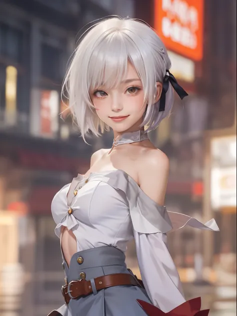 masterpiece, best quality,1girl, solo, bangs, left hair ribbon, (small breasts:1.4), red eyes, short hair, smile, solo, white hair, (Strapless:1.1), (off-the-shoulder:1.1), (cowboy shot:1.2),  city, (uniform:1.2), (partially_unbuttoned:1.1), (Externally ex...