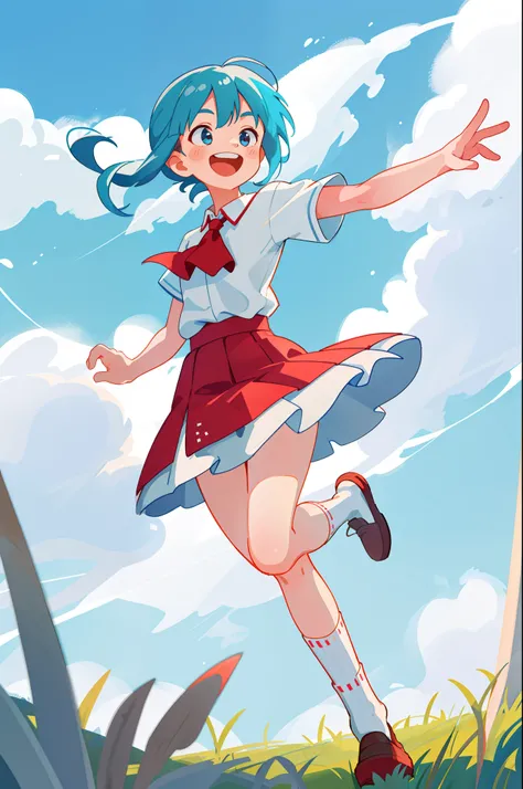 1girll, Solo，exteriors，with blue sky and white clouds，s delicate face，White shirt, Red skirt, Socks, dual horsetail，Opens mouth and laughs， sport，wholesome，Correct anatomy，perfectly proportions，Best quality at best，8k wallpaper，Best quality，Cinematic textu...