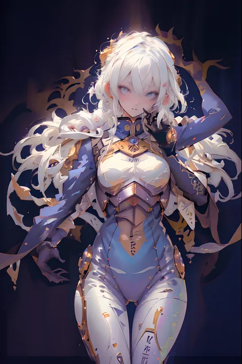 girl, white hair, blue eyes, mechanical suits,  masterpiece, 8K screenshot, artbook, hands up, cat ear, wing, pattern, anime character with wings and a cat bodysuit, white haired deity, trending on artstation pixiv, high detailed official artwork, detailed...