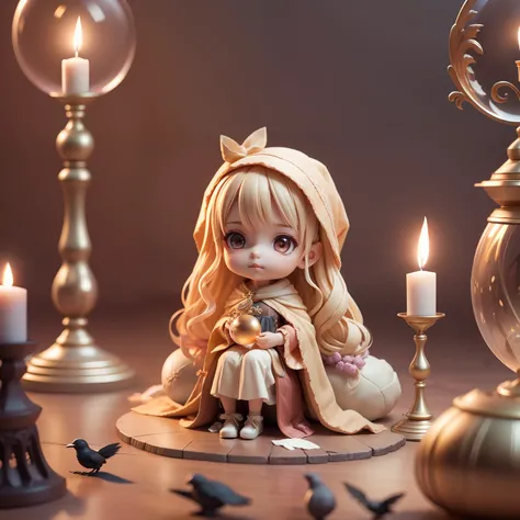 Cute Baby Chibi Anime、(((Chibi 3D))) (Best Quality), (masutepiece)、Old witch sitting on Kadilaus chair in the background ，She was holding Sonistes crow。 On the table in front of her is、The crystal ball was transparent， There is a mysterious fantasy world i...