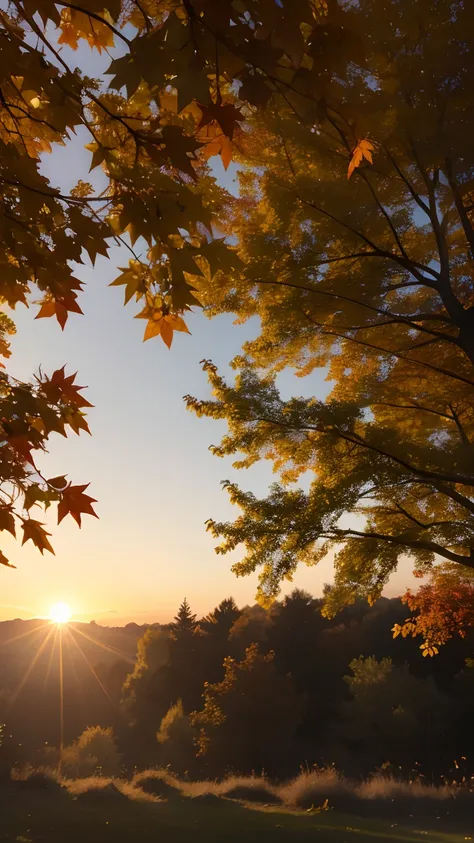 Autumn evening，Branches in the sun，Hang sunlight on the leaves，photorealestic，Natural soft light，Hyper-detailing，4K