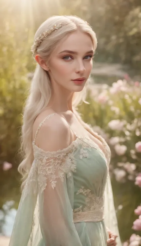 (best quality,4k,8k,highres,masterpiece:1.2),ultra-detailed,(medium close-up),(realistic,photorealistic,photo-realistic:1.37),long and elegant elf-like ears,fair and porcelain-like skin,gently flowing platinum blonde hair,piercing and enchanting green eyes...